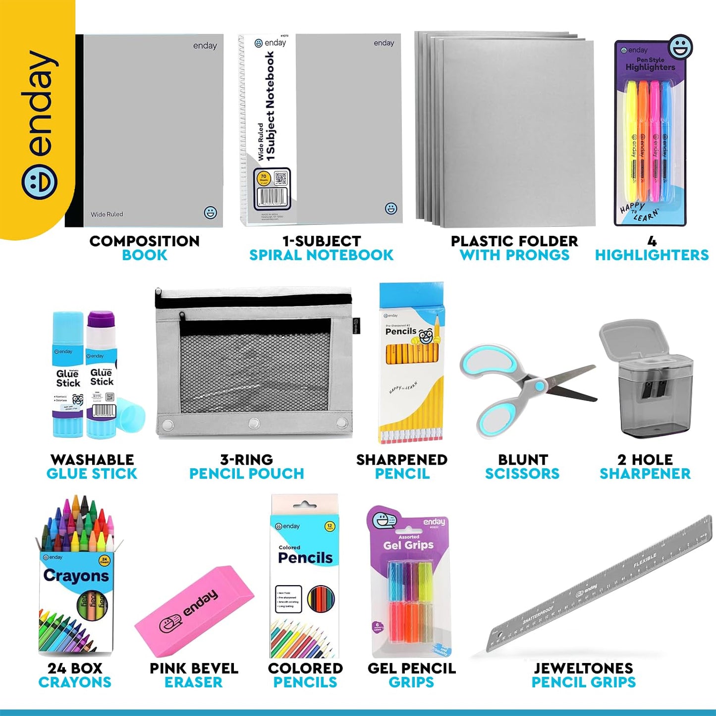 Enday Back to School Supplies for Kids, Grey School Supply Box Grades K-5, Premium Quality Kids School Supplies Kit, Kindergarten School Supplies for Girls and Boys, 78 Piece Set