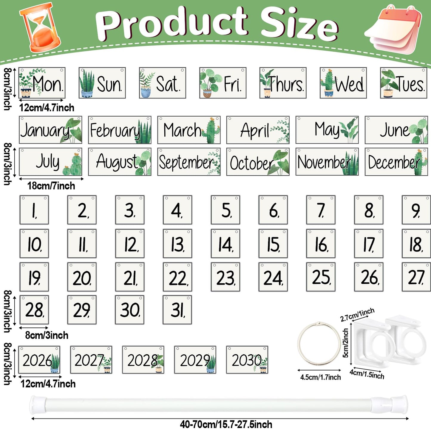 Greenery Flip Calendar for Classroom Bulletin Board Set Greenery Calendar Class Whiteboard Decor with 2026 to 2030 Years Date Cards and Adjustable Rod for Home Elementary School Teacher Supplies
