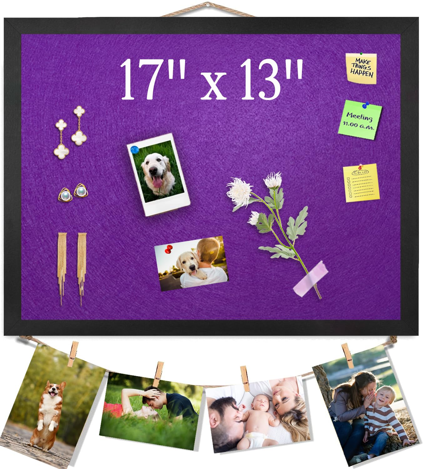 Origreen Bulletin Board Cork Boards with Felt, 17"x13" Small Display Pin Board Vision Board for Walls, Jewelry, Notes, Collection, Photos, Office, Wood Framed(Black) & Felt(Purple), 1pc