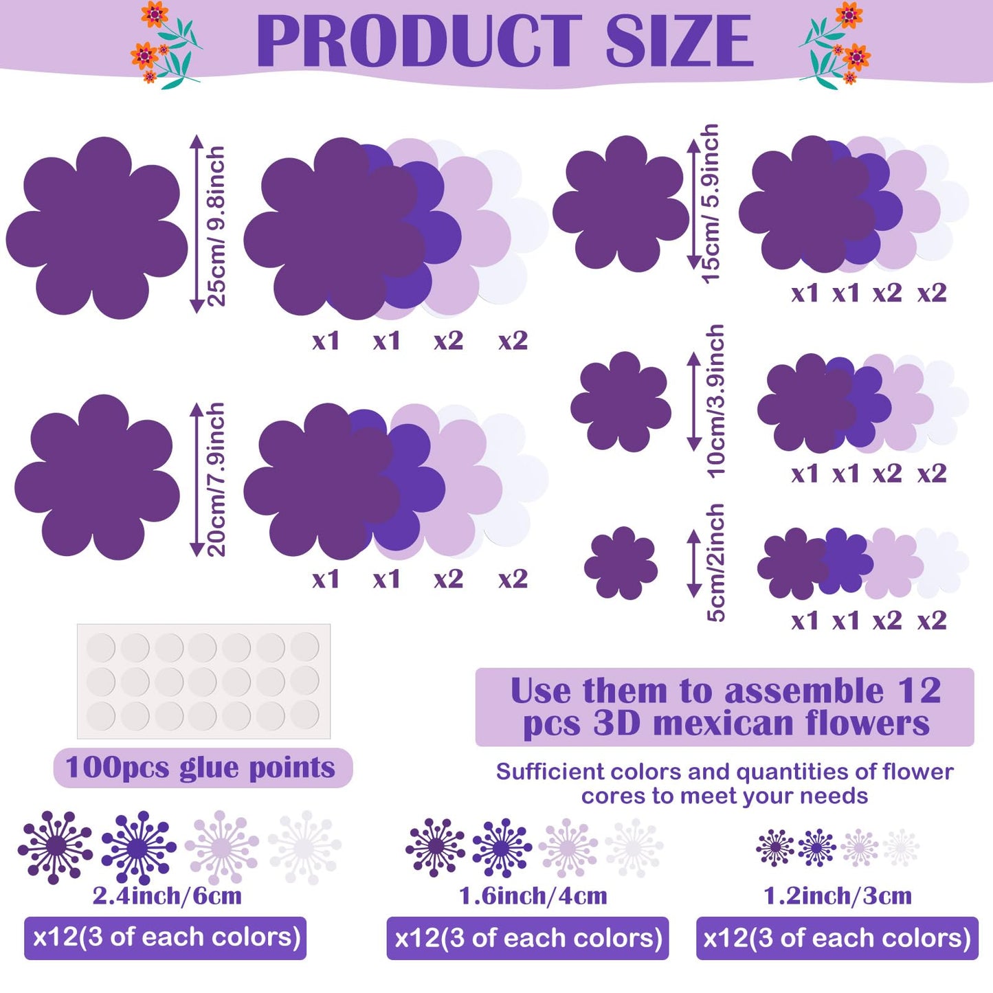 Mooliwe Paper Flowers Decorations for Wall DIY 3D Paper Bulletin Board Mexican Flowers Backdrop Decoration for Classroom Back to School Holiday Party(Purple,12 Set)