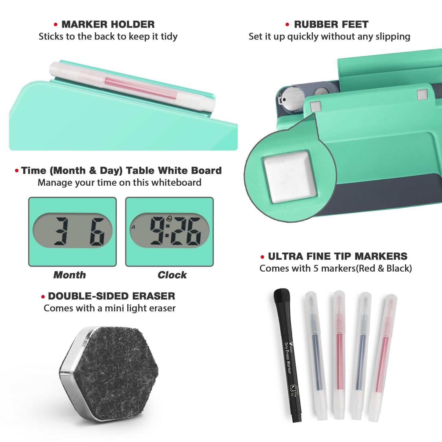 Small Glass Desk Whiteboard Dry-Erase Board with Clock, Small Travel Clock Keychain with Desk Notepad, Time Table Whiteboard for Desk Digital LED Light Display, 8x6 in with Accessories, Turquoise