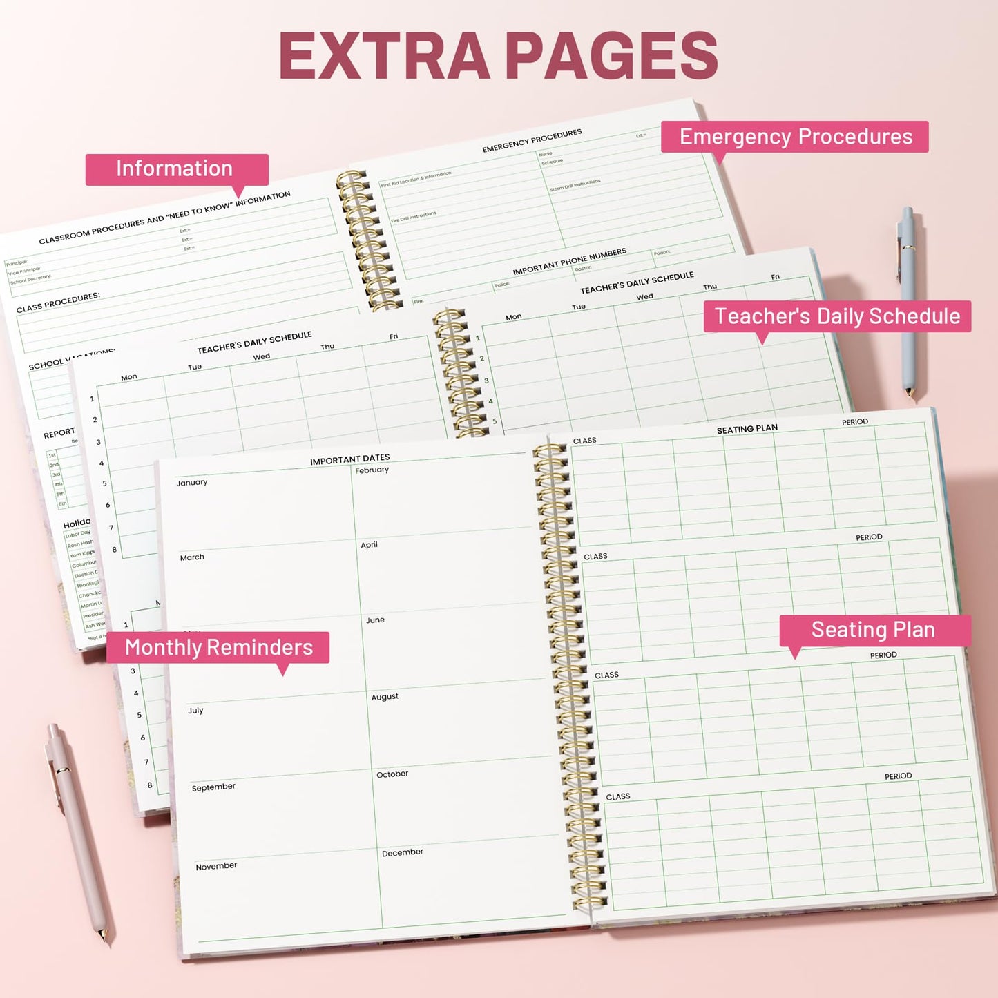 SUNEE 8 Period Teacher Lesson Plan Book - Days Vertically, Undated Teacher Planner 2026-2027 Academic Year, 8.5 x 11 Inch, 104 Pages/52 Sheets (40 Weeks), Waterproof PVC Cover, Back Pocket,Pink Marble