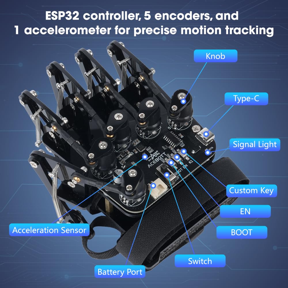 ESP32 Motion-Sensing Glove Supports Arduino, ACECode & Python，DIY Robotic Mechanical Hand STEM Toy Starter Kit Five Fingers Arm for Robot Kit Control, Science/Coding/Programming Set