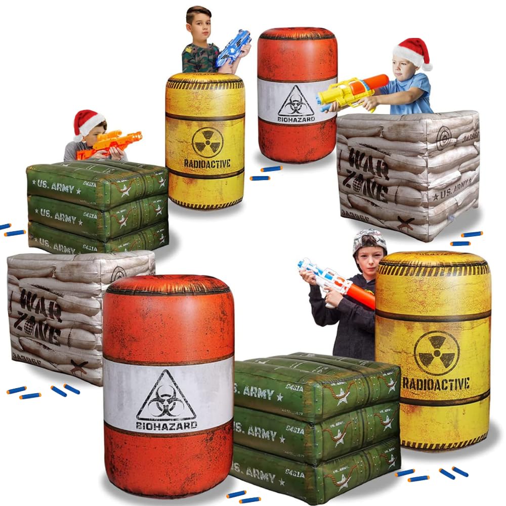 12-Piece Inflatable Combat Battlefield Set — Includes 6 Barrels, 3 Army Boxes, 3 Sandbag Barricades for Laser Tag, Water Gun, Dart Blaster, and Action-Themed Parties