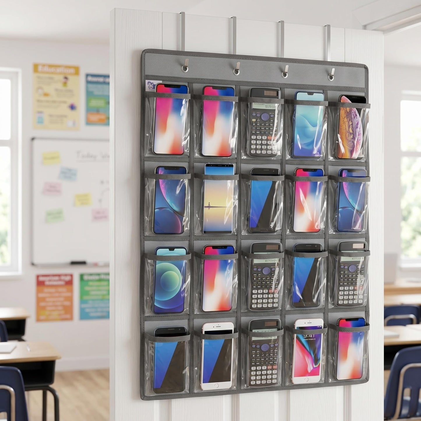 DOITOOL 24 Clear Pockets Classroom Pocket Chart for Cell Phones, Over the Door Hanging Organizer, Transparent Cell Phone Holder Organizer for Classroom, Calculator Pouch, Wall Jewelry Storage
