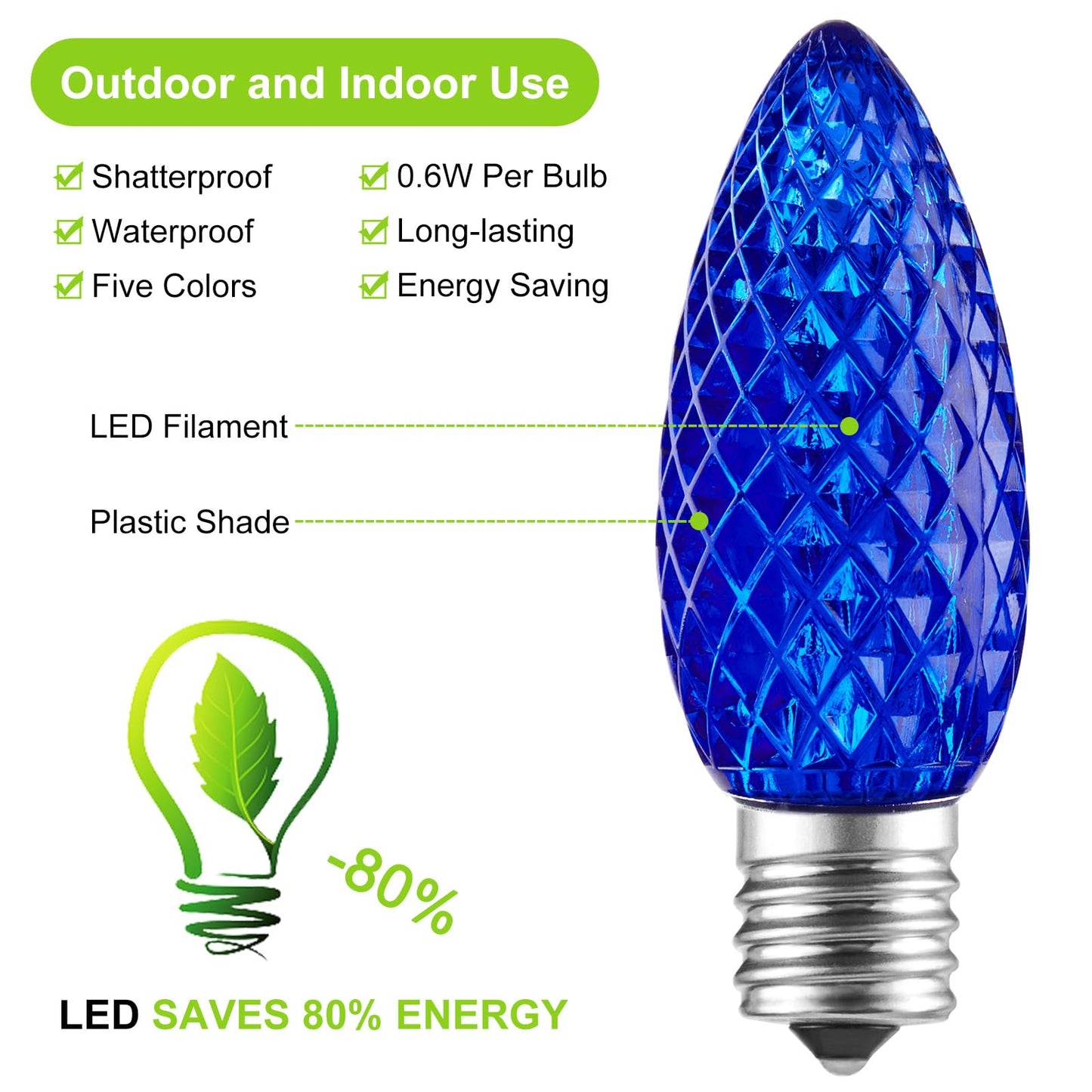 Minetom C9 LED Christmas Light Bulbs, Shatterproof, Dimmable, E17 Base, 25 Count, Blue