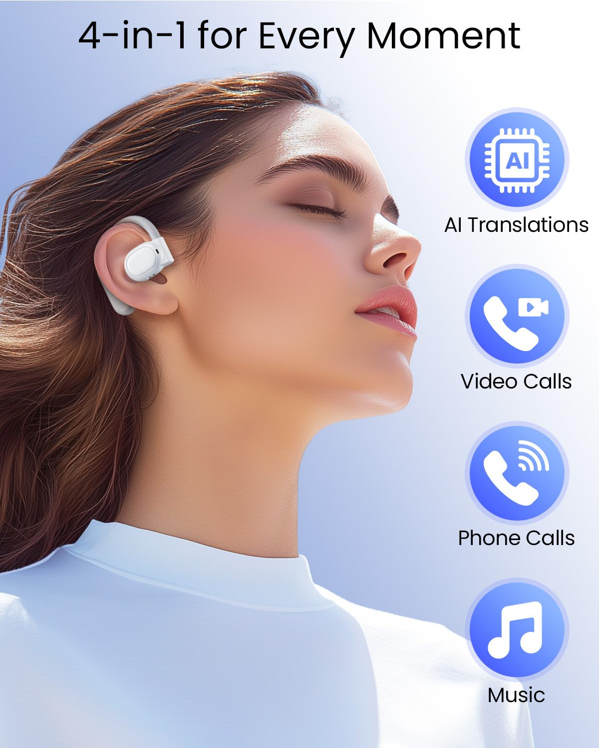 AI Translation Earbuds Real Time 164 Languages 80H Playtime Translator Ear Buds Audifonos Traductores Inglés Español Wireless Earphones Bluetooth AI Headphone for Travel Meeting Learning K08 White