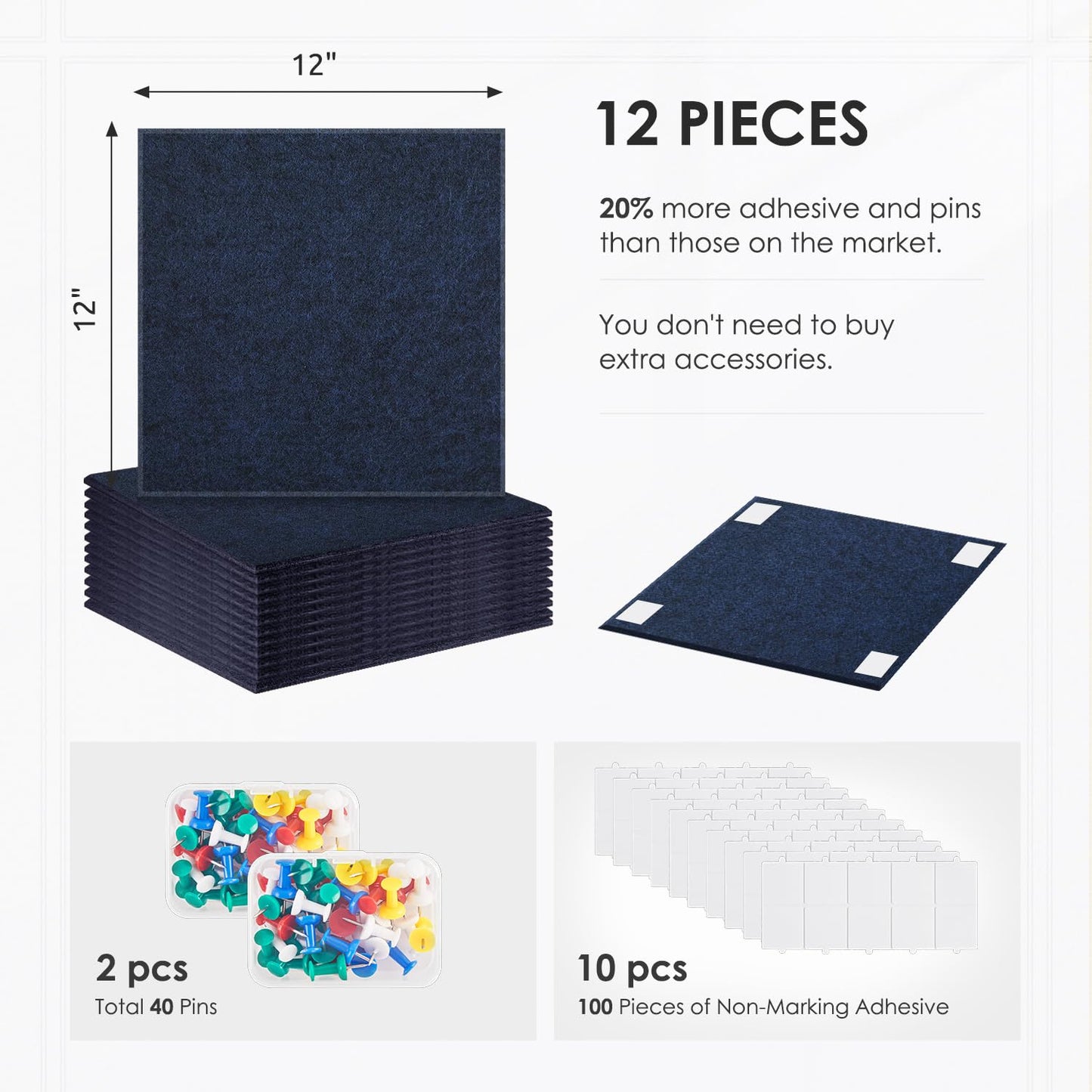 Large Cork Board for Walls 48"x36" |Cork Board Alternative| 12 Pack Felt Wall Tiles| Dark Blue Bulletin Board with Removable Adhesive | Cork Boards Pinboard for Office Home Classroom，Dark Blue