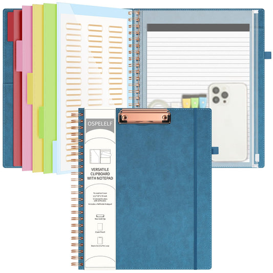 Ospelelf Foldable Spiral Clipboard Folio with with Storage Zipper Pouch, 5 Plastic Folders with 10 Pockets, Leather Clipboard Folder with Notepad, 39 Divider Label Stickers (Hazy Blue)