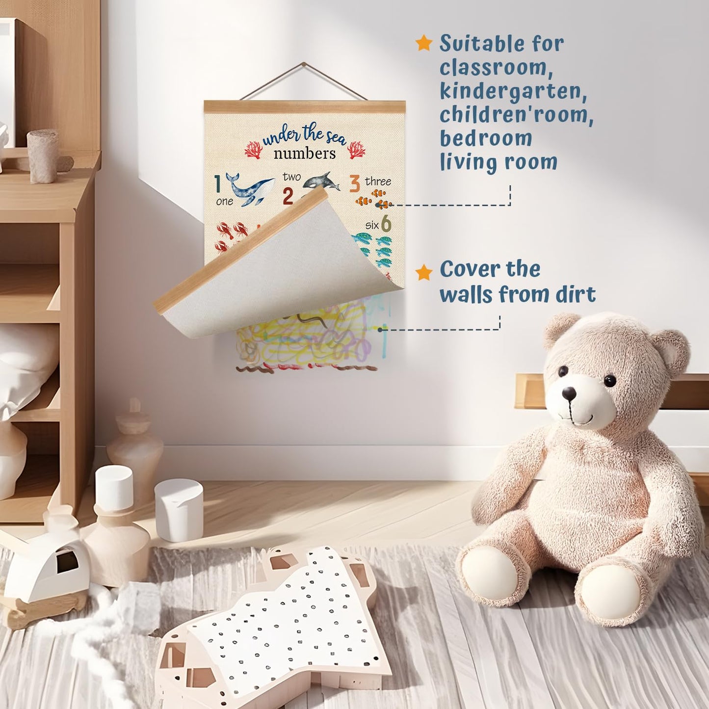 ZTGDA Alphabet Numbers Wall ArtSet of 2,ABC &123 Educational Learning Posters, Marine Fishs Wall Hanging Decor for Toddler Room Playroom,Nursery,or Classroom 12x16inch (Ocean Animal)