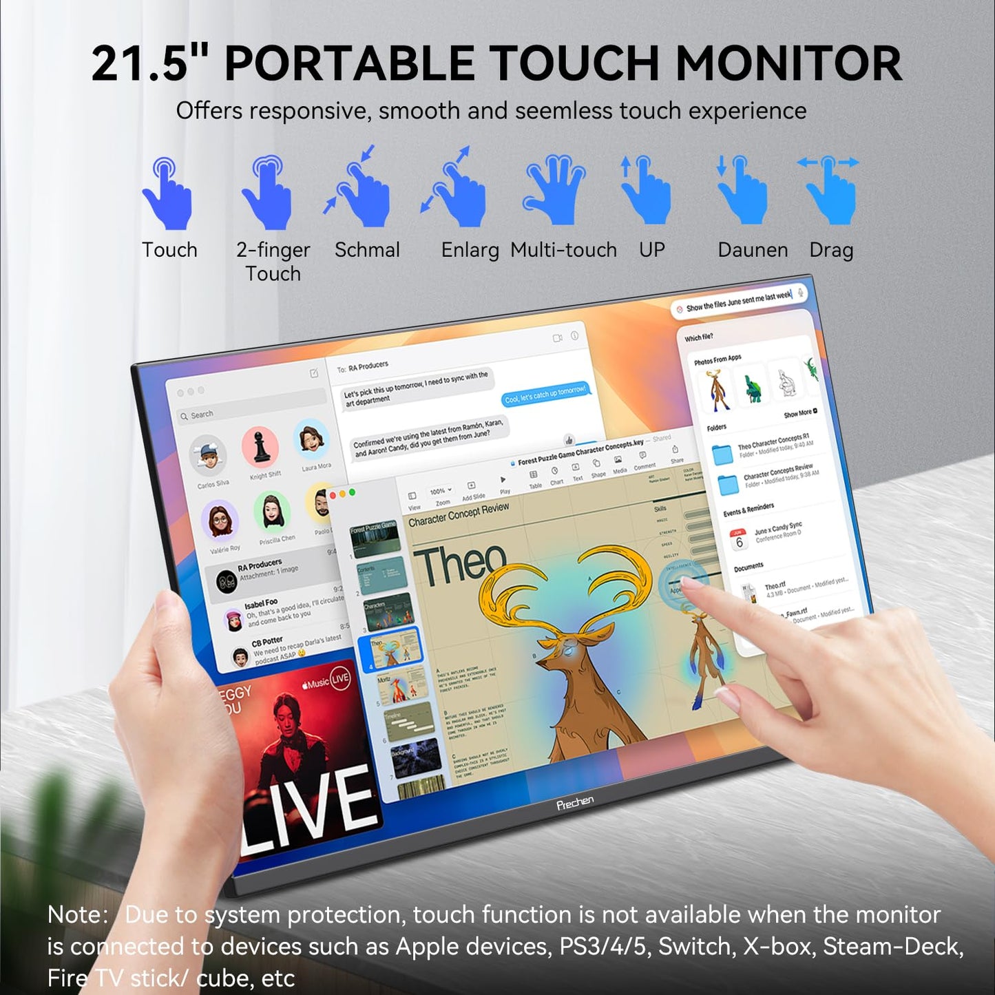 Prechen 21.5 Inch Portable Touchscreen Monitor, 1080P Computer Touch Screen w/VESA Stand Touch PC Display, 75Hz, Multi-Touch Monitor, DC HDMI & USBC for Phones PC Phone Business,Black