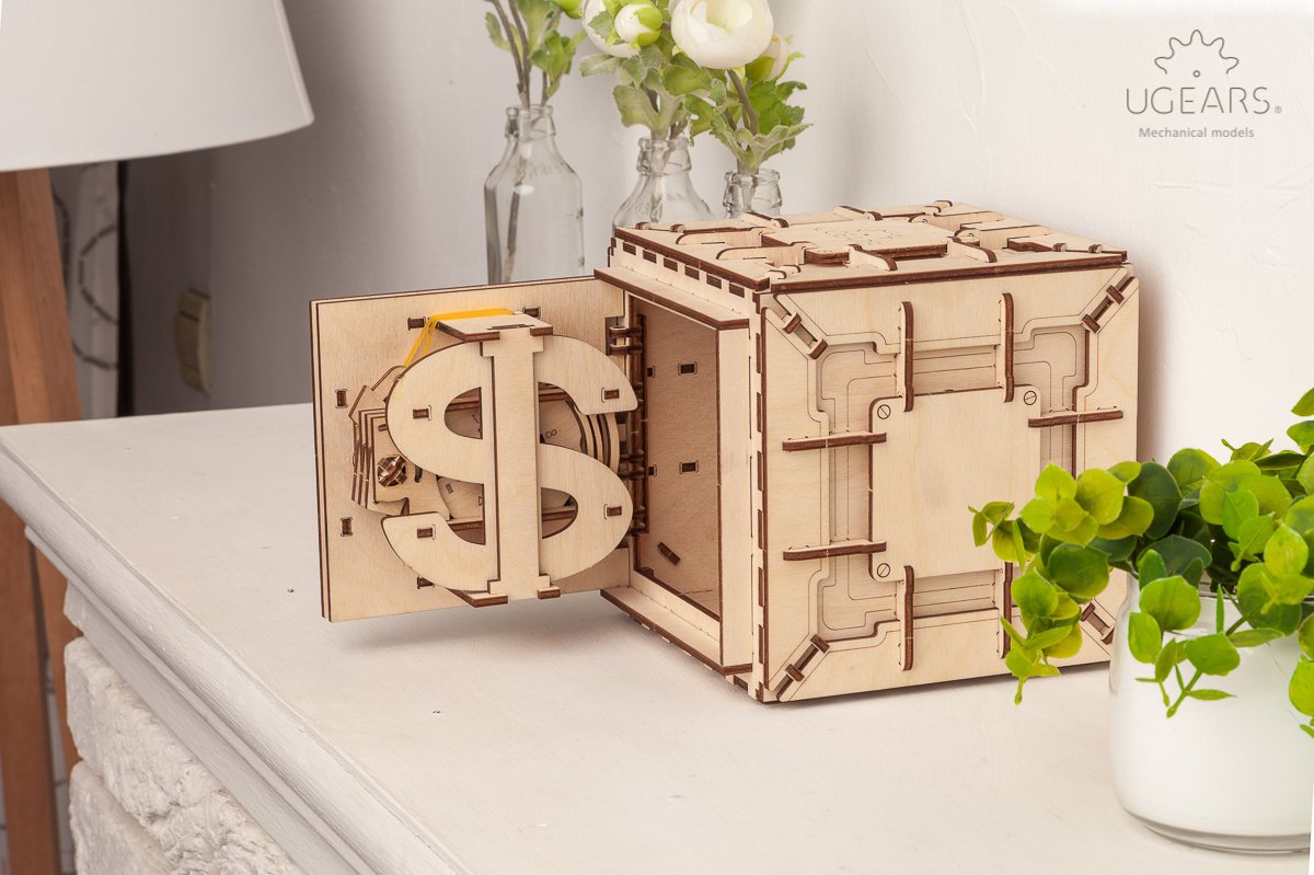 UGEARS Model Safe Kit 3D Wooden Puzzles for Adults - Wooden Model Kits for Adults - Mechanical Safe Puzzle Box, 3D Puzzles for Adult, DIY Wooden Model, Brain Teaser Hobby Gift Set for Fathers Day