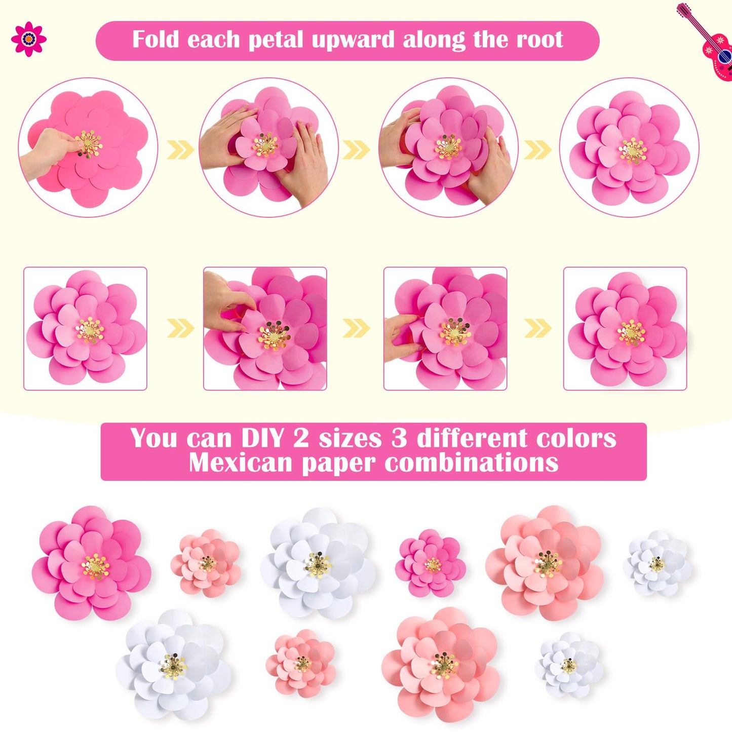 Mooliwe Paper Flowers Decorations for Wall DIY 3D Paper Bulletin Board Mexican Flowers Backdrop Decoration for Classroom Back to School Holiday Party(Pink White,10 Set)