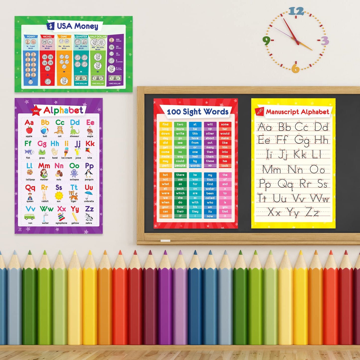 32 Set of 59 Educational Posters for Kids - Alphabet Chart, Periodic Table, USA, World Map, Multiplication Charts, Science Posters, Division Chart, Calendar, Sight Words, Homeschool Supplies - 17x11