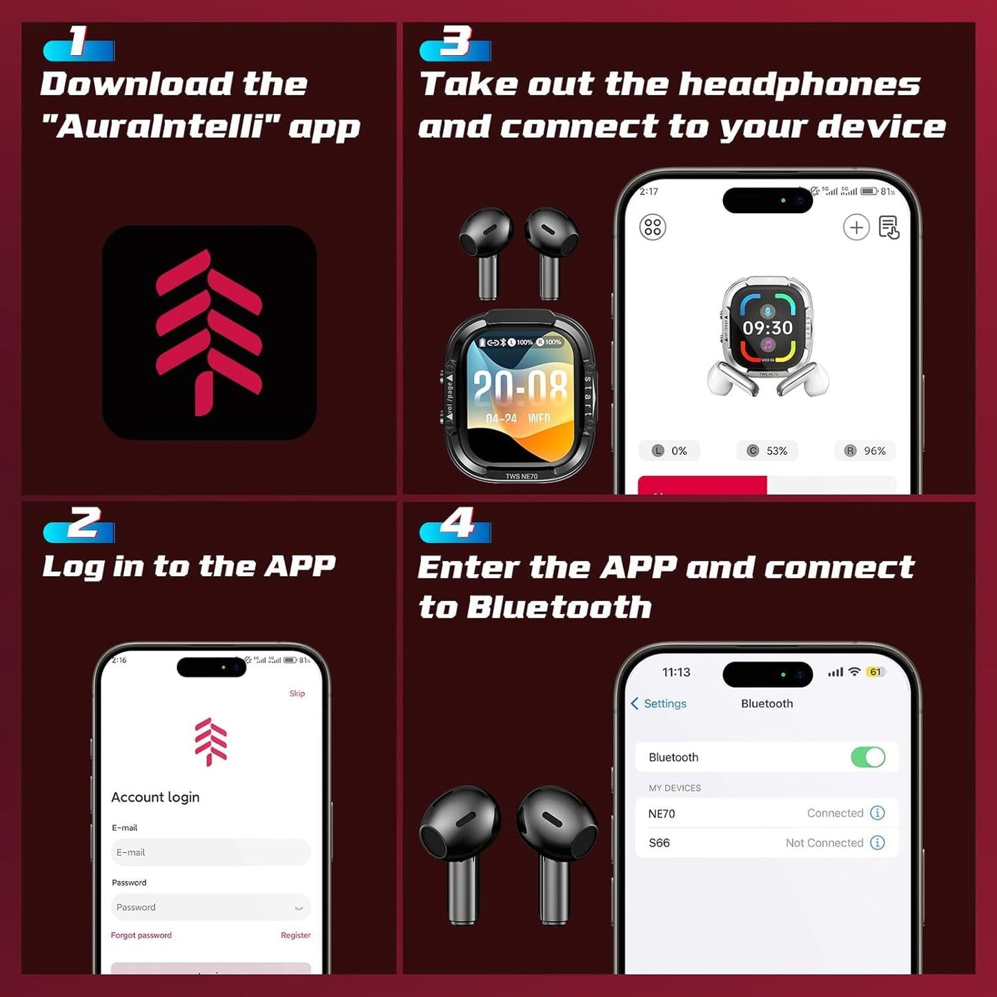 NE70 Earbuds, 2026 New NE70 AI Translation Earbuds in Real Time, Language Translator Headphones with LCD Touch Screen Audifonos Traductores Inglés Español Support 165 Languages for Travel Business