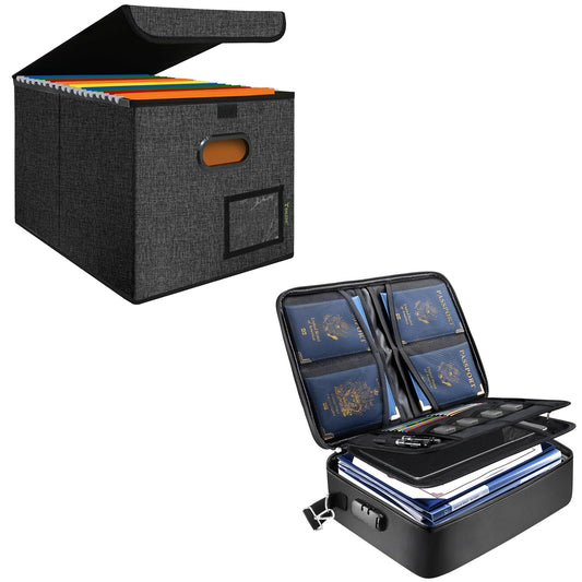 BALEINE File Organizer Box with Lid + Fireproof Document Bag with Lock