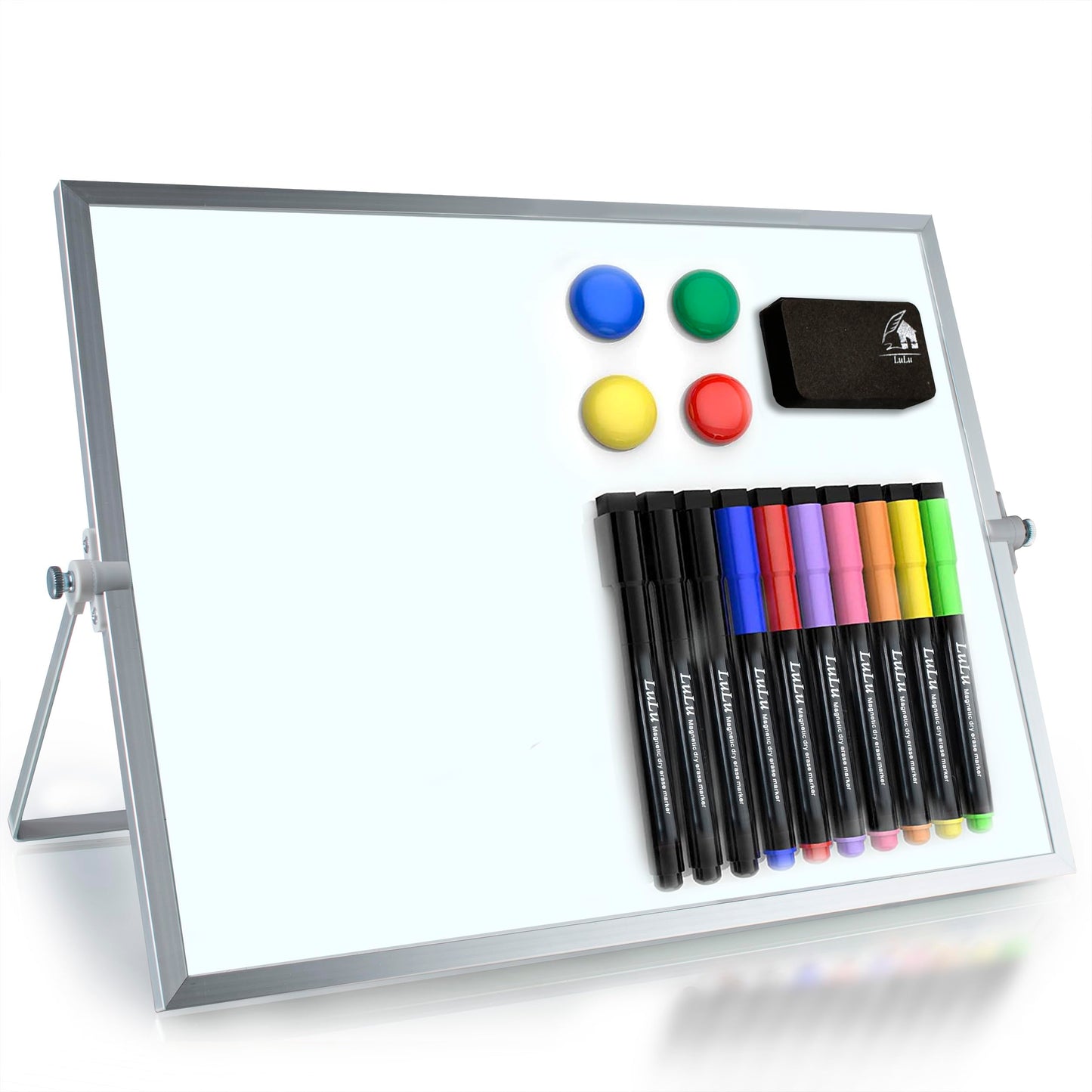 Magnetic Dry Erase Board 16x12 Inch - Double-Sided Desktop Whiteboard with 360° Rotating Stand - Small Portable White Board Set with 10 Markers, 4 Magnets, Eraser for Home Office, School, Desk