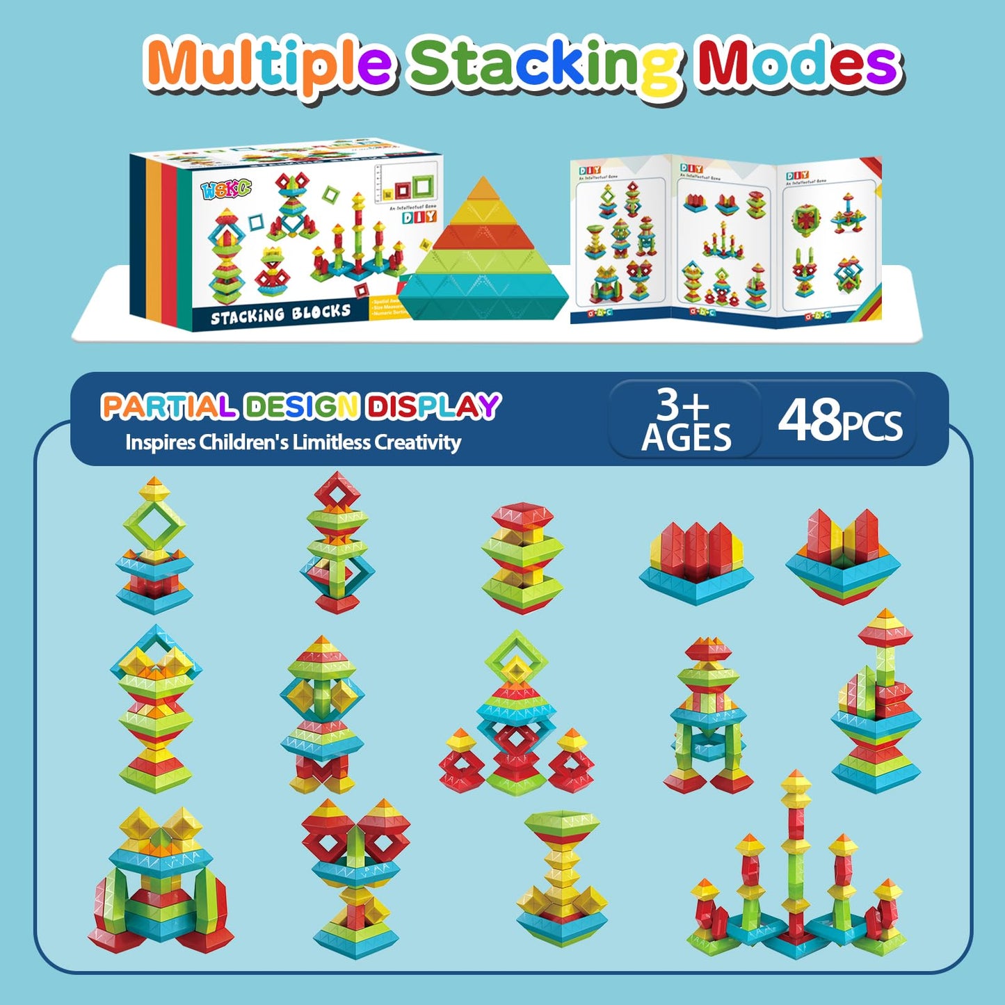 WSKC 48 PCS Building Block Stacking Toys Kids 3 4 5 6 Year Old, Educational STEM Toys for Boys Girls, Developmental Learning Sensory Gifts for Birthdays