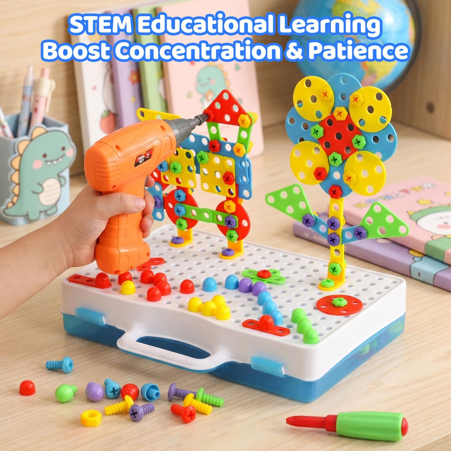 224 PCS STEM Building Toys for Kids Ages 4-8, Creative Mosaic Drill Set with Electric Drill & Screwdriver, 2D/3D Building Blocks Kit, Educational Birthday Gift for 5 6 7 8 9 10 Year Old Boys Girls