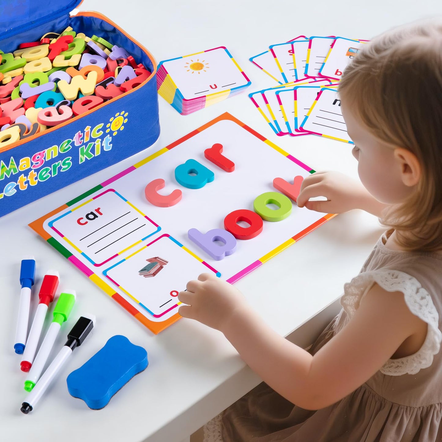 Sundaymot Magnetic Alphabet Letters Kit，310 Pcs with Magnetic Board and Organizer Bag, Upper and Lower Case Wooden Letters， Educational Toy Set for Classroom Kids Learning Spelling