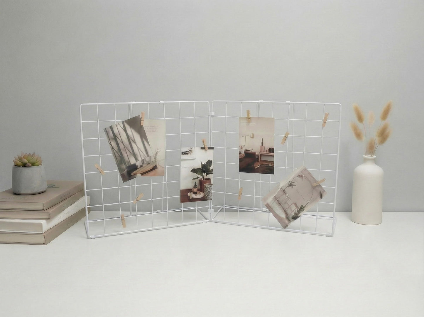 JAJAGOU Foldable Desktop Photo Display Rack & Grid Display Board with 20 Wooden Clips – Photo, Accessory & Handcraft Display Organizer for Home Office White