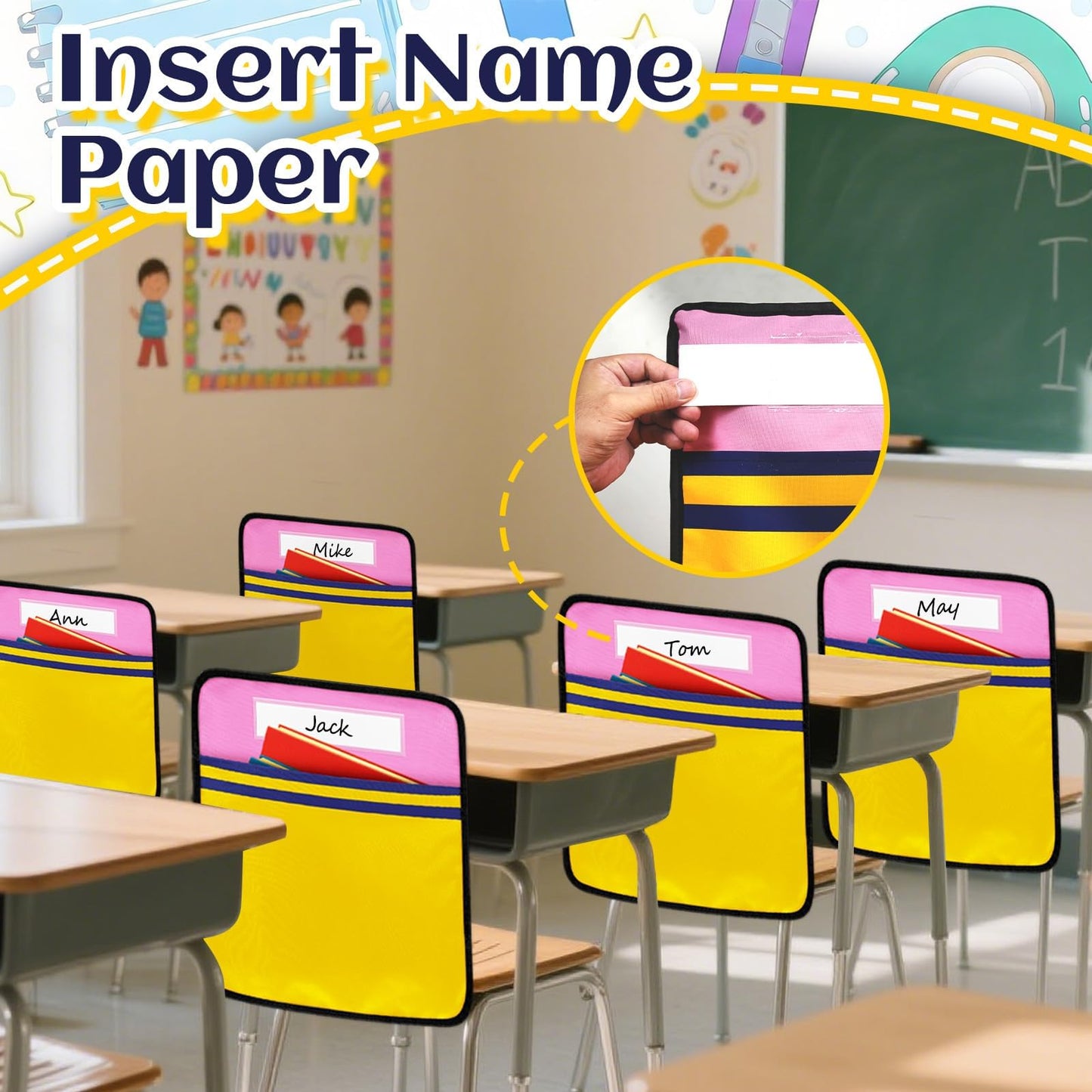 24Pcs 17 * 19 Inch Classroom Seat Back Organizer, Back to School Chair Pockets with Name Tag, Chair Hanging Bag Seat Sacks Suitable for Families Kindergarten Primary School After-School Care Room