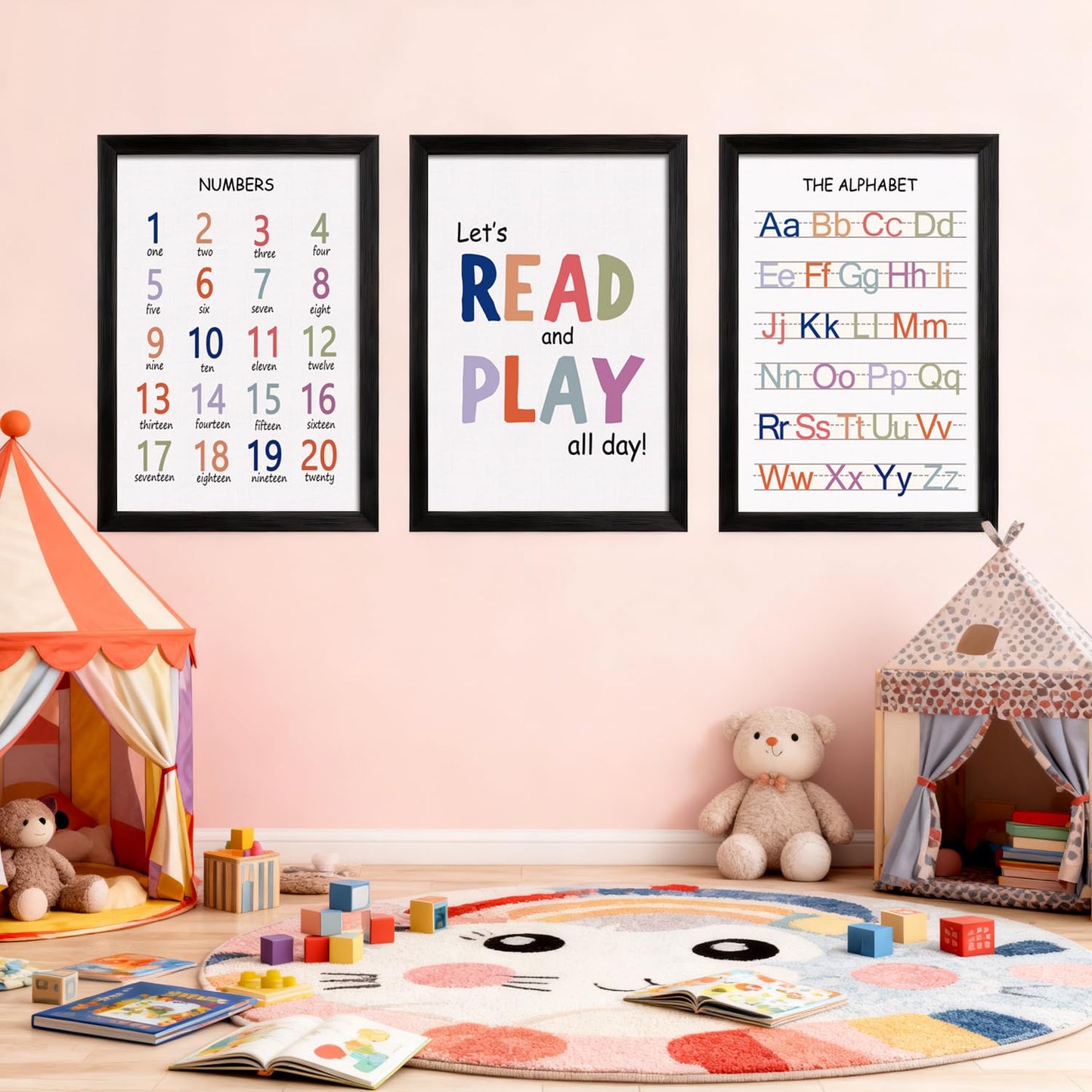 Cute Alphabet Numbers Framed Wall Art Set of 3, Educational ABC Poster Wooden Sign for Baby Girl Kid Boy Toddlers, Neutral Boho Preschool English Letters Nursery Decor for Homeschool Playroom Daycare
