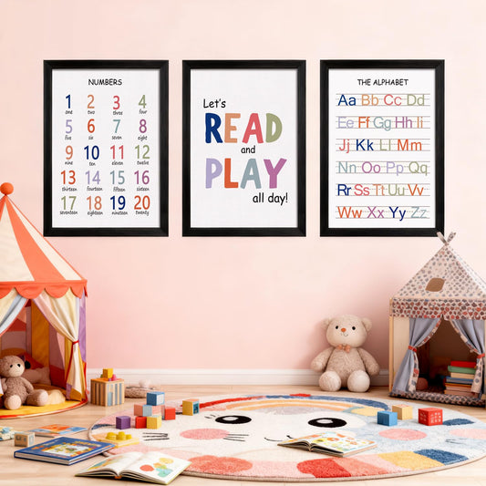 Cute Alphabet Numbers Framed Wall Art Set of 3, Educational ABC Poster Wooden Sign for Baby Girl Kid Boy Toddlers, Neutral Boho Preschool English Letters Nursery Decor for Homeschool Playroom Daycare