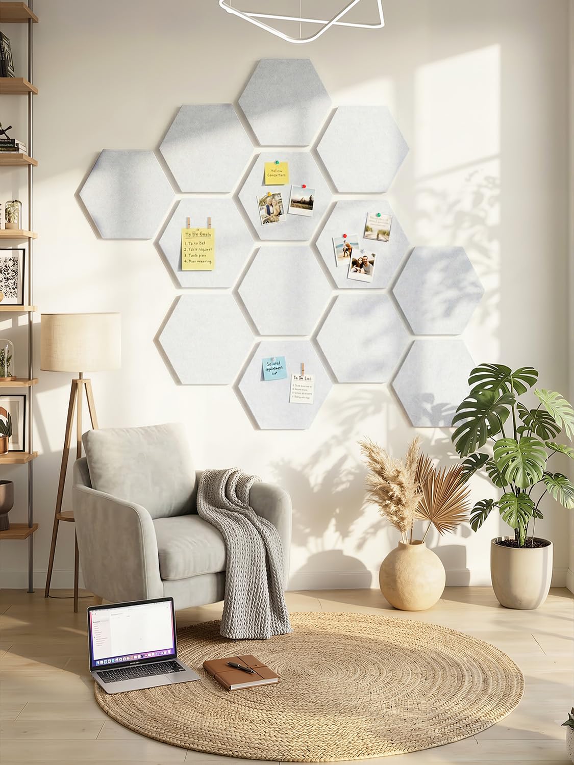 Uoisaiko 8 Pack Hexagon Felt Bulletin Board Tiles - 12" Large Thick Pin Board for Walls with 30 Push Pins, DIY Boards for Office Home School Decor, Aesthetic Hex Cork Board Alternative