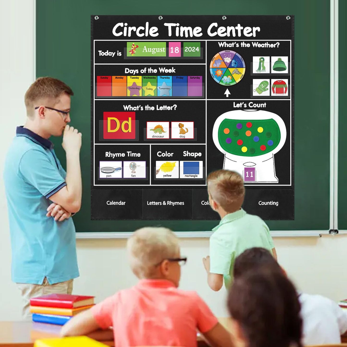 BOHEMIABY Circle Time Learning Center Classroom Pocket Chart Preschool, Educational Pocket Chart Teaching Materials, Learning Calendar Weather Counting Letter Color, Circle Time Learning Center Black