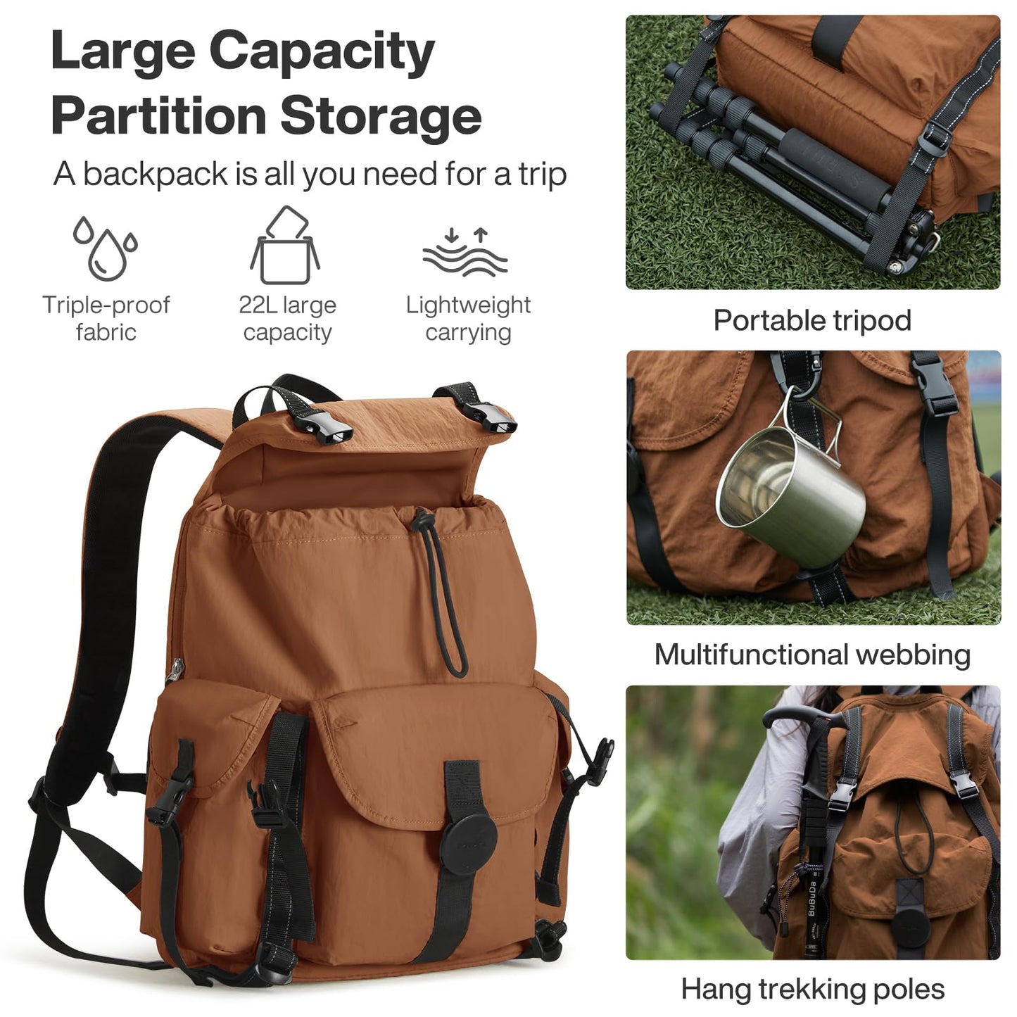 mixi Travel Backpack for Women Men, 18 Inch Carry On Laptop Backpack Flight Approved fits 16'' Laptop, Lightweight Waterproof Hiking Backpack Travel Outdoor Business Casual Daypack, Brown