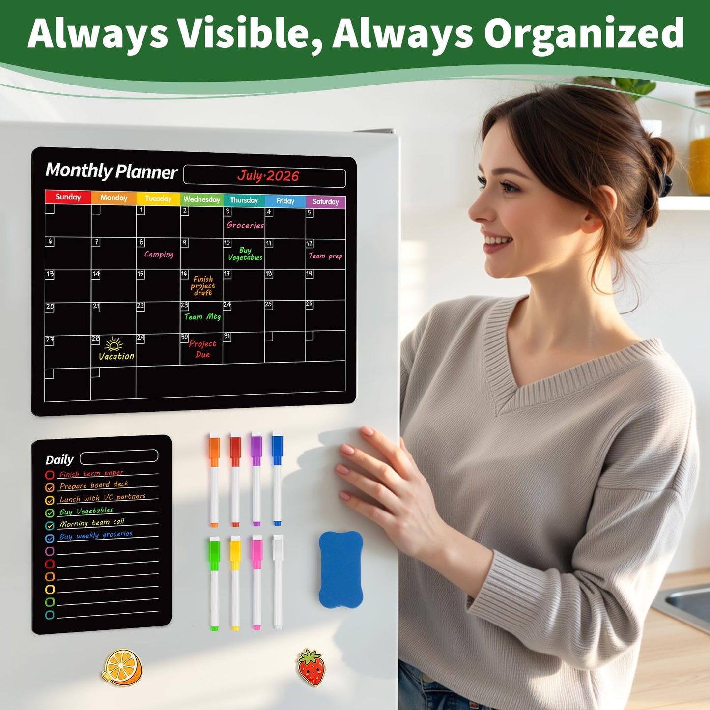FINDMAG 4 Pack Magnetic Dry Erase Board Set, 16.5"x11.8" Magnetic Calendar for Refrigerator, Fridge Calendar Magnet, Black Weekly Planner Whiteboard for Fridge, Easy to Use with 8 Markers & Eraser