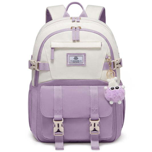 LOVEVOOK School Backpack for Teen Girls, Bookbag for 8-16 Student, Middle High College Back to School Cute Kids Backpack, 15.6 Inch, Purple-beige