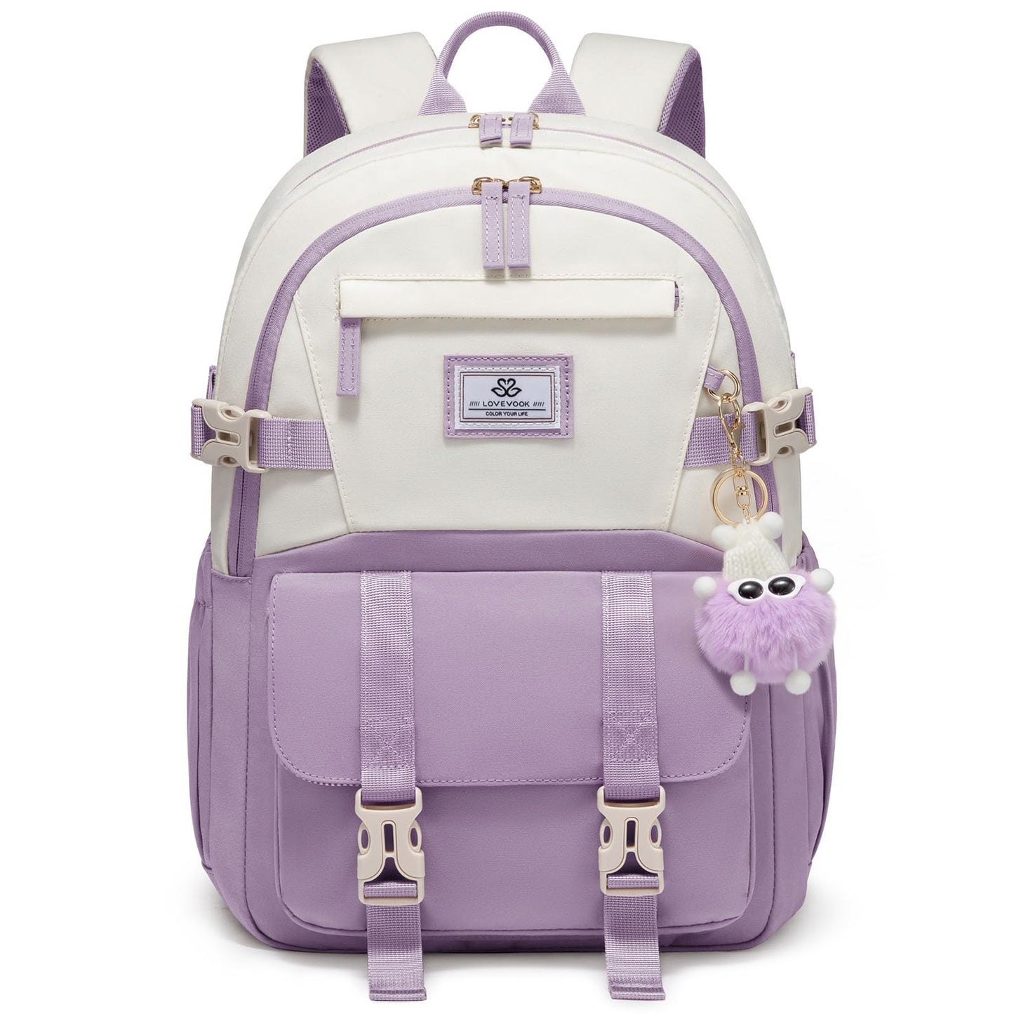 LOVEVOOK School Backpack for Teen Girls, Bookbag for 8-16 Student, Middle High College Back to School Cute Kids Backpack, 15.6 Inch, Purple-beige