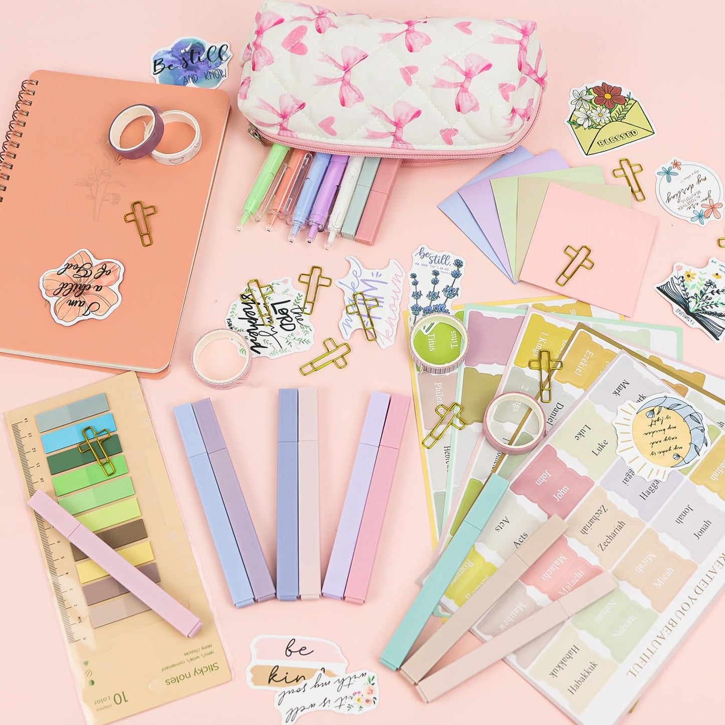 DRANSMIC Bible Study Supplies Journaling Kit with Pen Cas, Tabs, Notebook and No Bleed Highlighter, Aesthetic Book Annotation Kit, Christian Gifts for Women Grils Friends (Pink Pow)