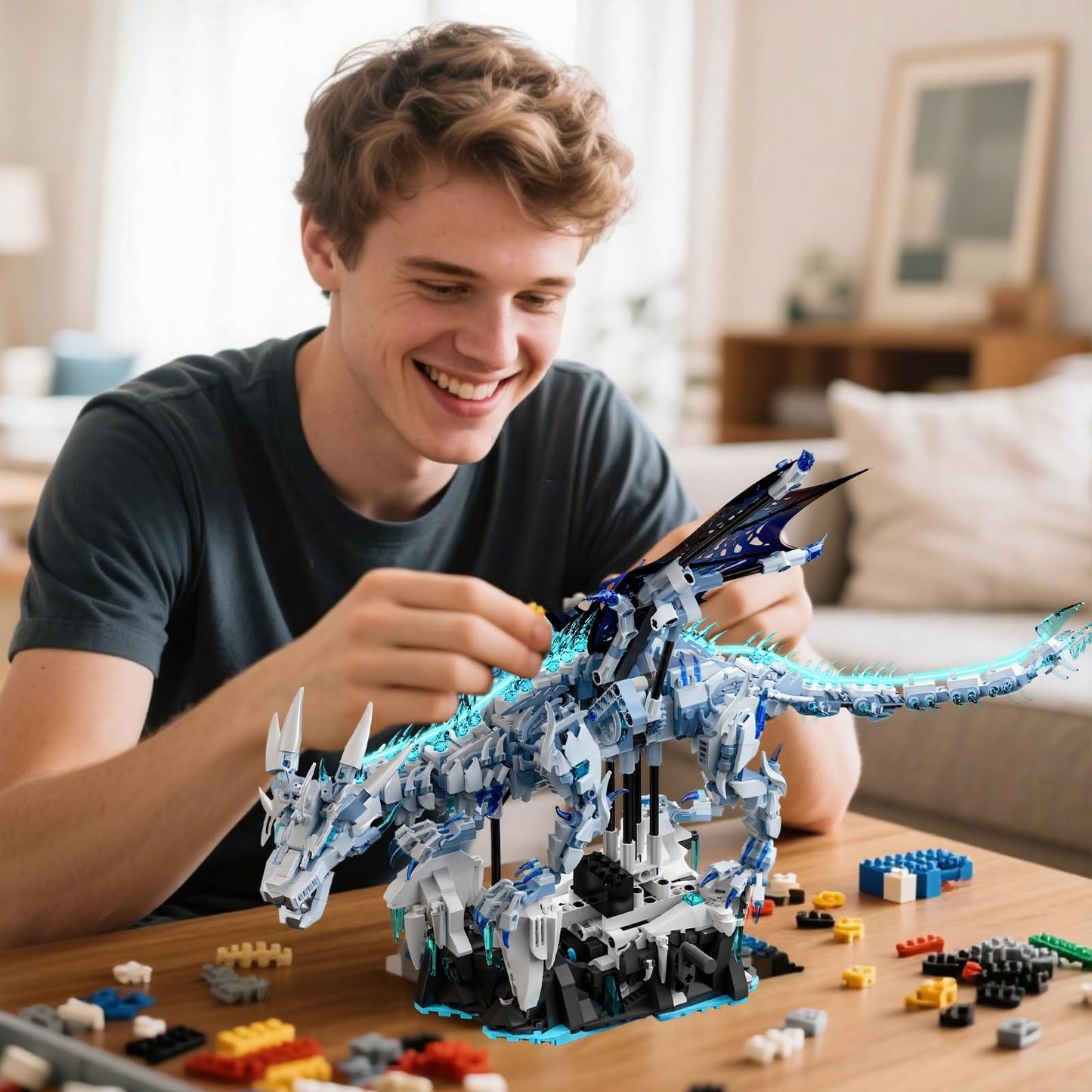 Myth Qholve Mechanical Dark Ice Dragon Building Block Set with Motor & Hand Crank Motion Movable Head, Wings & Limbs Fantasy Dragon Model Kit for Teens & Adults