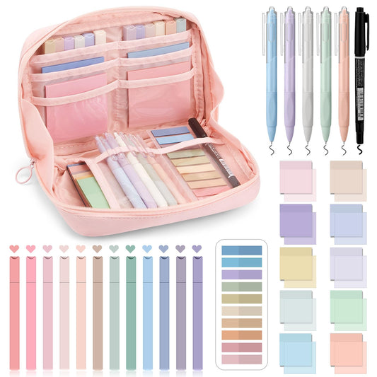 Jutom 39 Pcs Aesthetic Book Annotation Kit Highlighter with Case Bag Gel Pen Transparent Sticky Note Taking Bible Supplies(Pink,Kawaii Style)