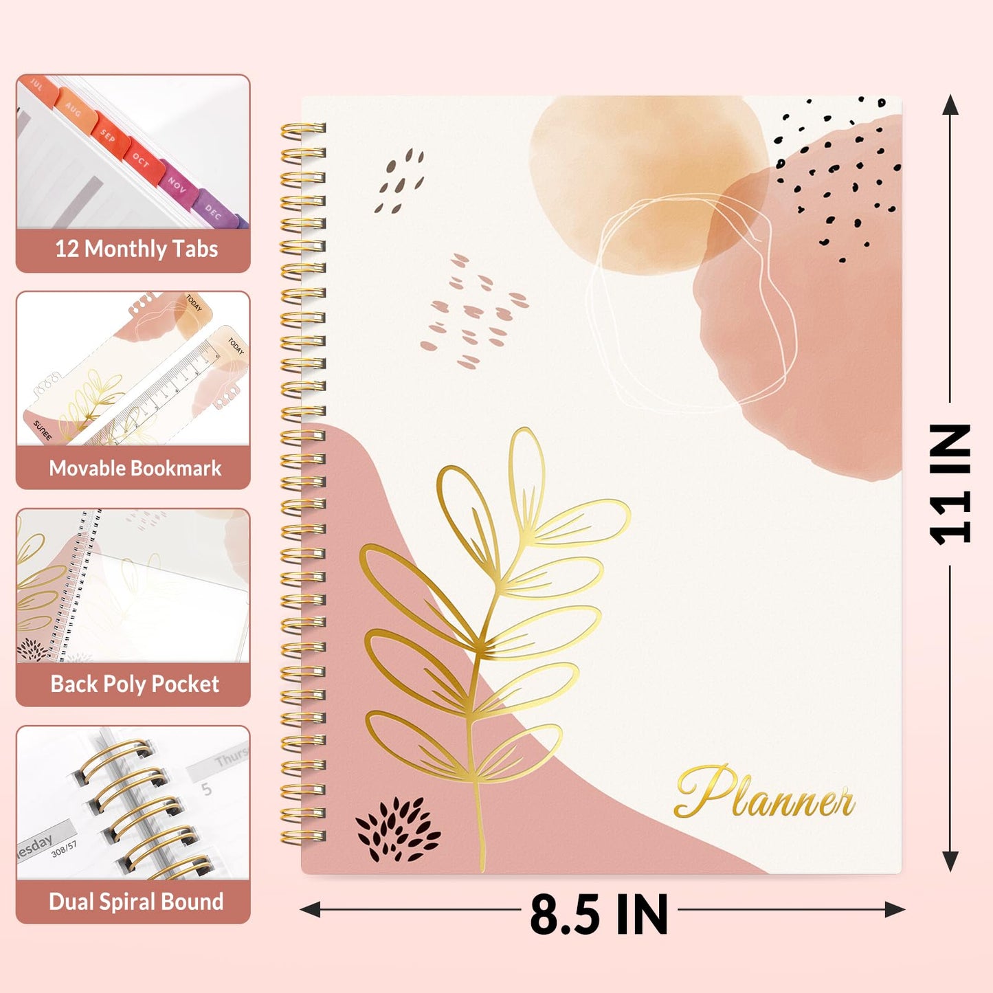 SUNEE Academic Planner 2026-2027 – Weekly & Monthly Planner, July 2026 to June 2027, 8.5"x11", Thick Paper, Tabs, Pockets, Bookmark, Spiral-Bound, Student Teacher Organizer, Blushing Abstract Breeze