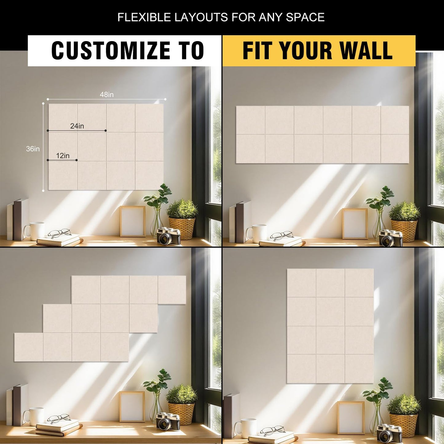 TSJOFFICE Large Cork Board for Wall - 48" x 36" Bulletin Board with 50 Pushpins for Office Decor, Pin Board 12 Pack Felt Wall Tiles with Safe Removable Adhesive Tabs, Corkboard for Home - Oatmeal