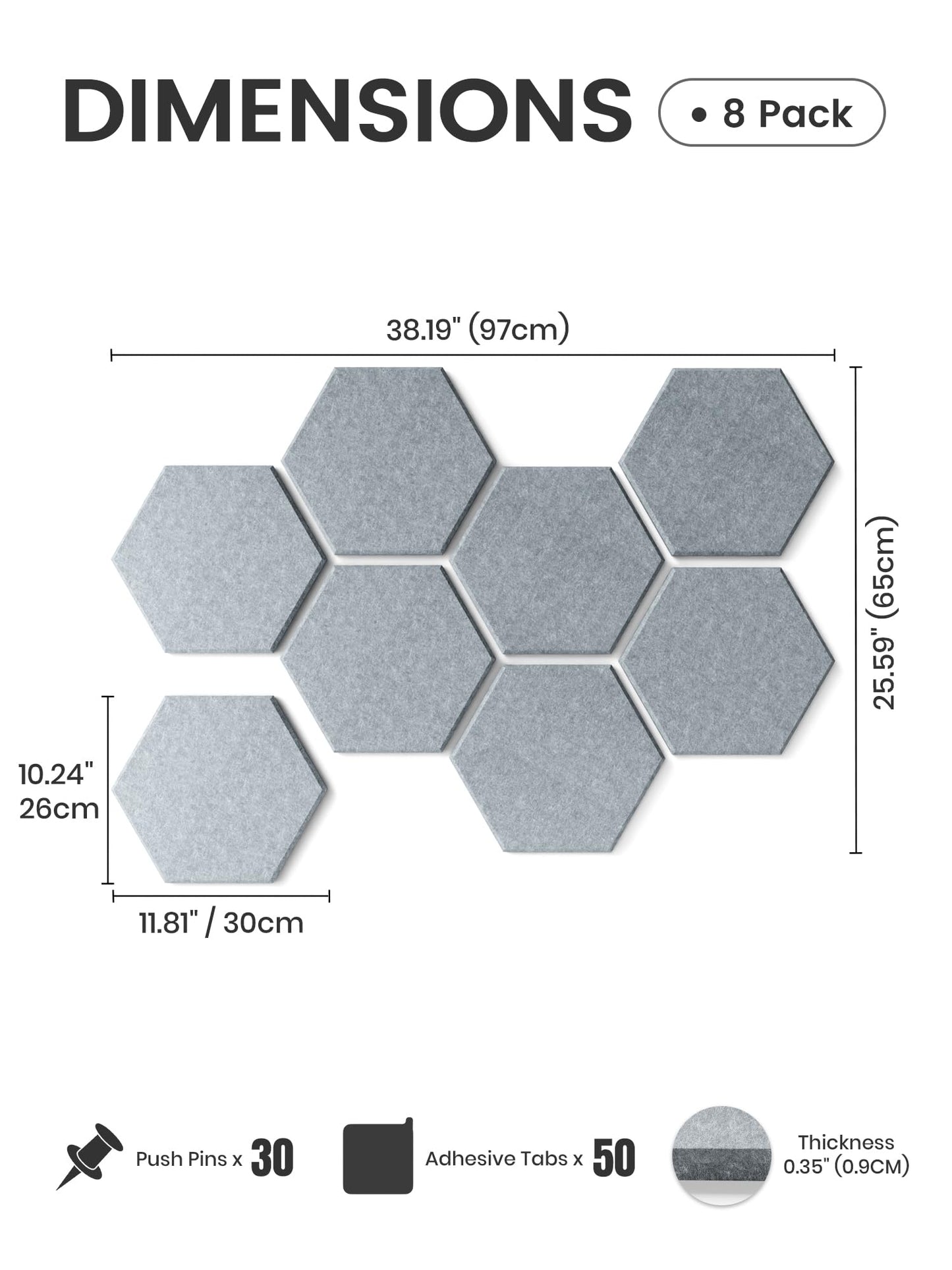 Fluxynara Hexagon Cork Board Alternative for Walls Decor-8-Pack Felt Bulletin Board Tiles,with 30 Pushpins,50 Adhesive Tabs for Office,Classrooms & Home Pin Board Felt Board-Blue Gray