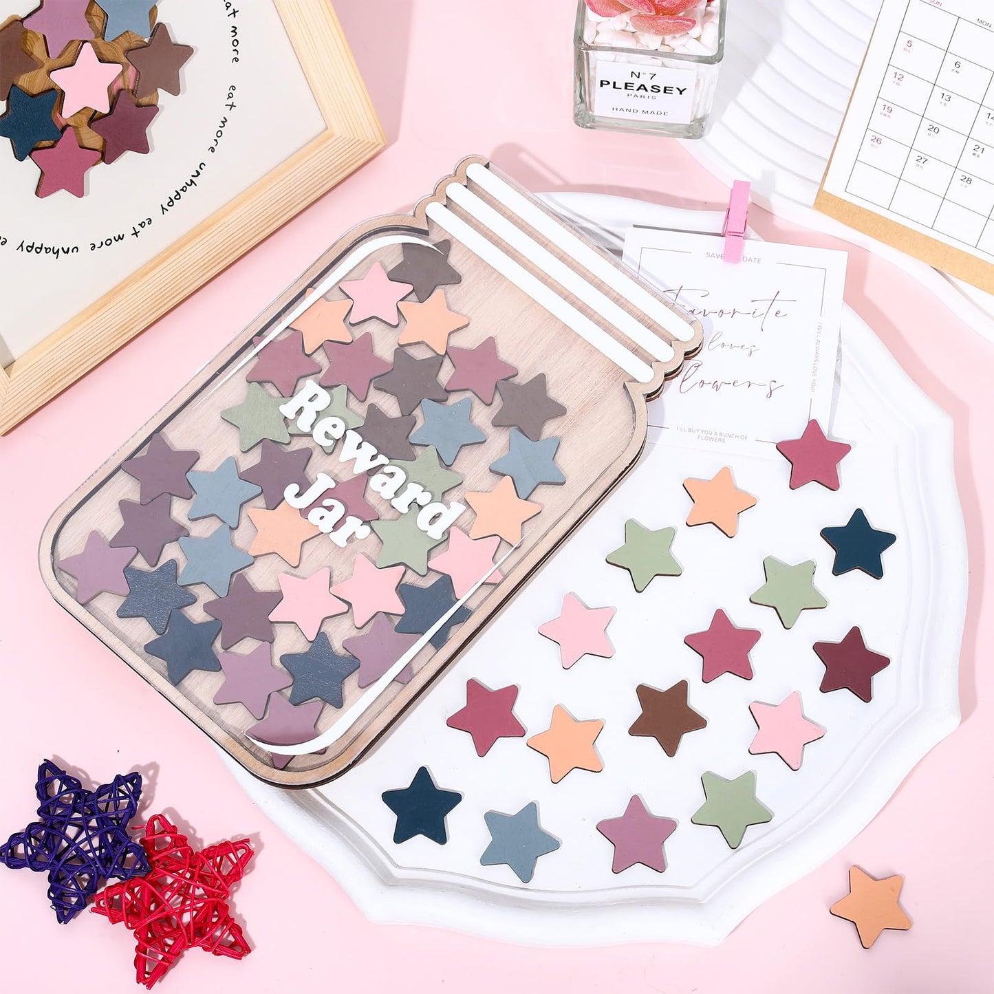 JarThenaAMCS Wooden Reward Jar for Kids Boho Stars Cutouts Positive Incentive Behavior Chart with Base Management Tools Decoration Reward System for Student Teacher School Classroom Supplies, 38Pcs