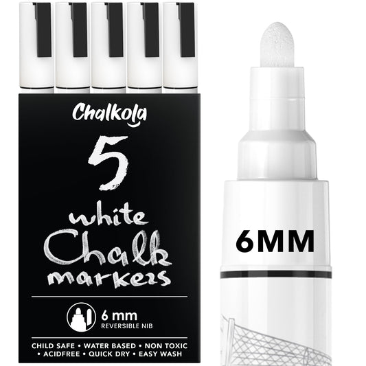 Chalkola White Chalk Markers for Blackboard, Chalkboard Sign, Window, Bistro, Car, Glass (5 Pack 6mm) - Liquid Chalkboard Markers Erasable - Paint Chalk Pens Washable Ink Reversible Tip