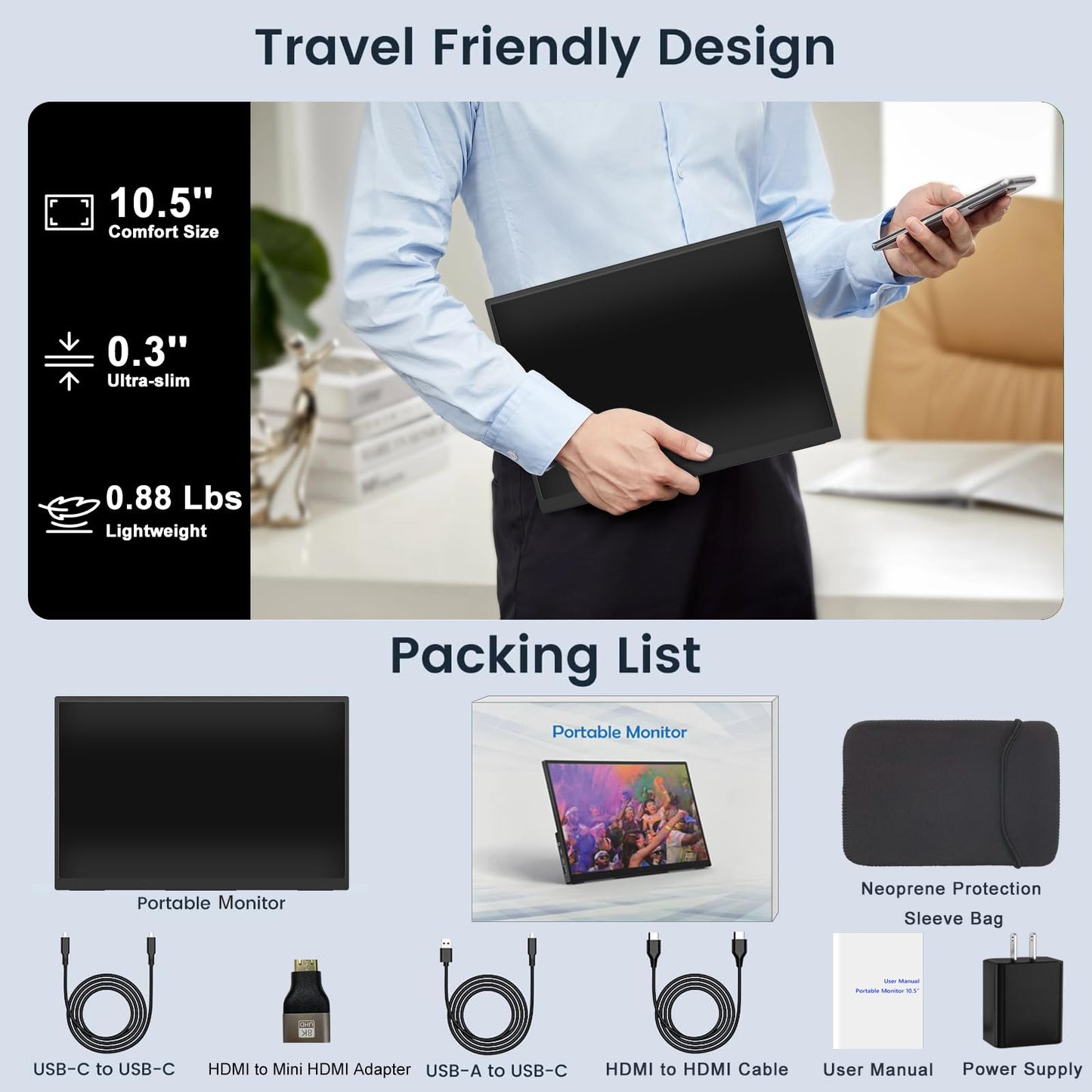 IBW Small Portable Monitor 10.5" 500 Nits 2000:1 FHD 1280P IPS Screen, Ultra-Slim Mini Monitor w/Kickstand & Dual Speaker, USB C HDMI HDR Portable Gaming Monitor, Travel Monitors for Laptop PCs