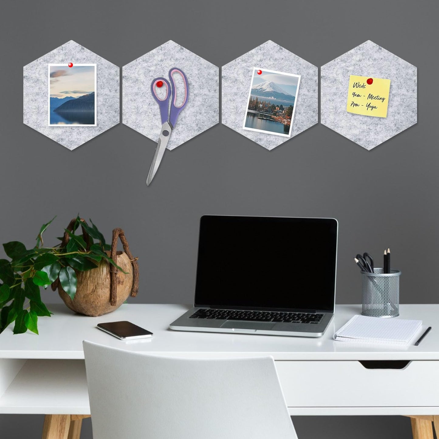 8 Packs Light Grey Hexagon Felt Pin Board, 12" Bulletin Board with 30 Push Pins, Felt Board for Home Kitchen Office Decor, Self-Adhesive Corkboard Tiles for Walls Message Photos Memos Display