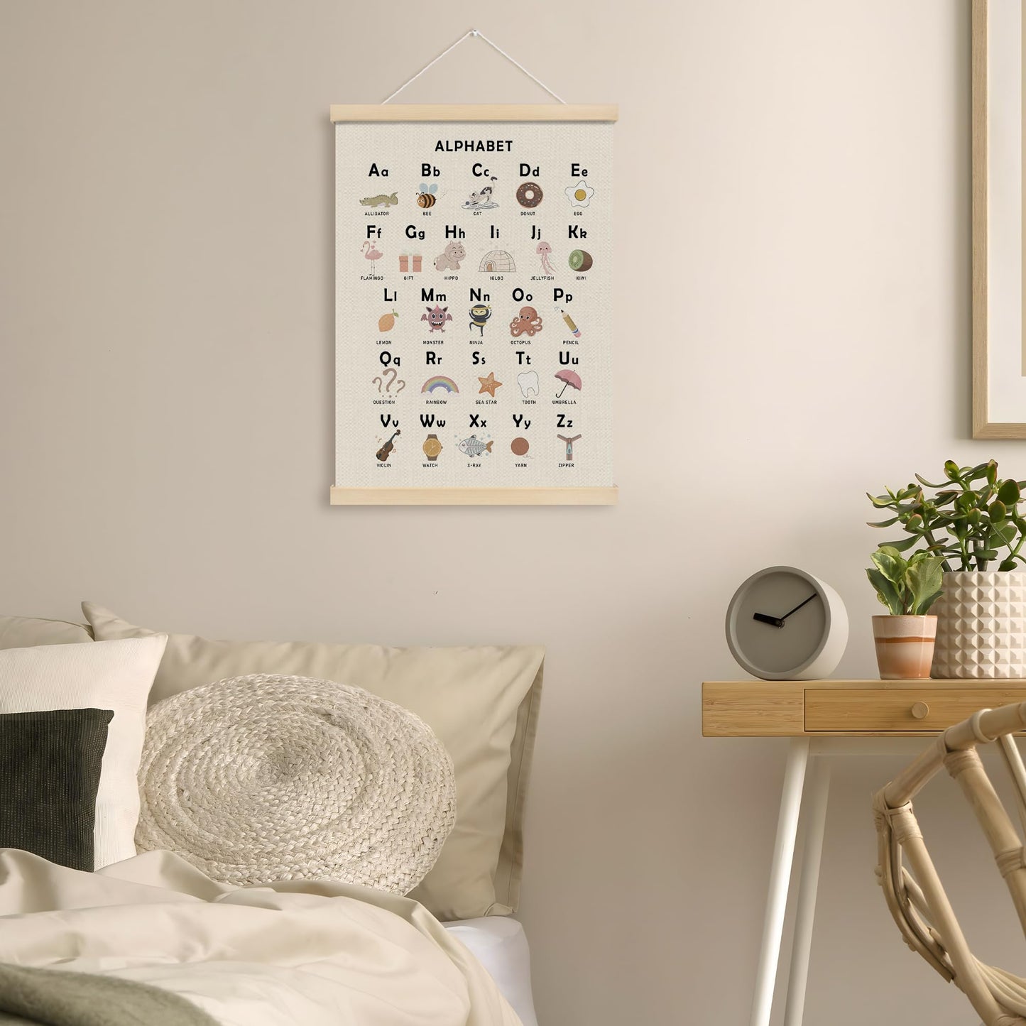 MOTERMATE Boho Alphabet Poster Hanger Frame, ABC Educational Wall Hanging Decor Art Framed for Toddlers Kids Room Playroom Nursery Classroom, Cartoon Alphabet Chart Wall Poster Prints, 12x16 Inch