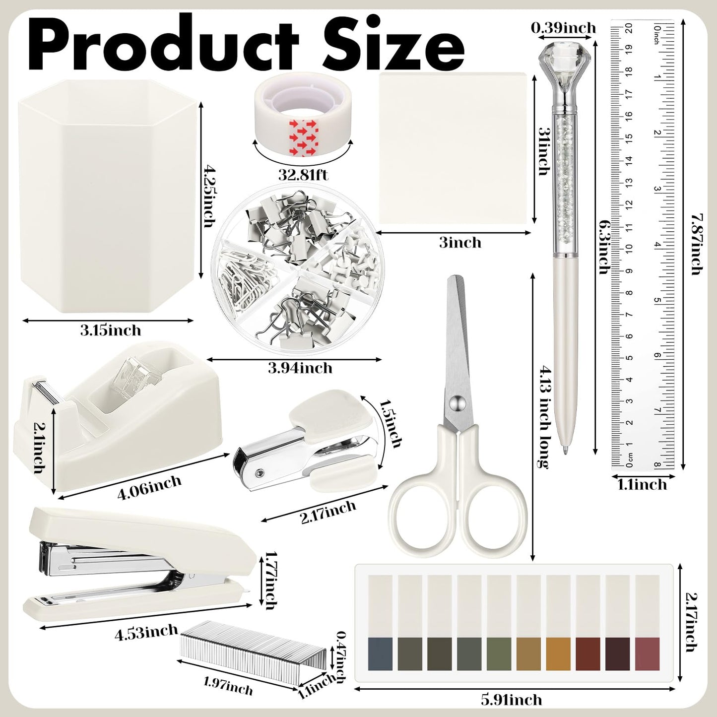 Marspark 12 Pcs Beige Office Supplies Desk Accessories Set Pen Holder Tape Dispenser Stapler Staple Remover Staples Tape Ruler Scissor Pen Sticky Note Index Tab Clips Set for School Office Home