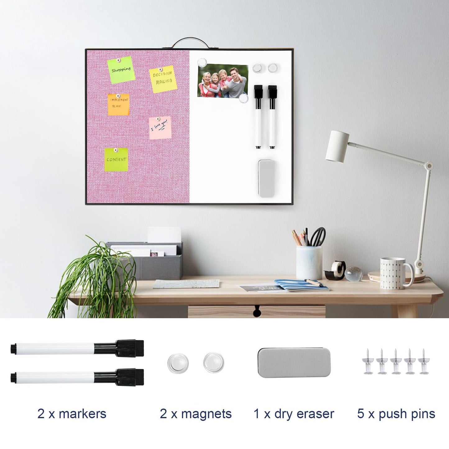 Small White Board Cork-Board Combo - 16 X 12 inches Pink Linen Board & Magnetic Dry Erase Board for Wall, Mini Bulletin Cork Board with Holder for Office, Home and School
