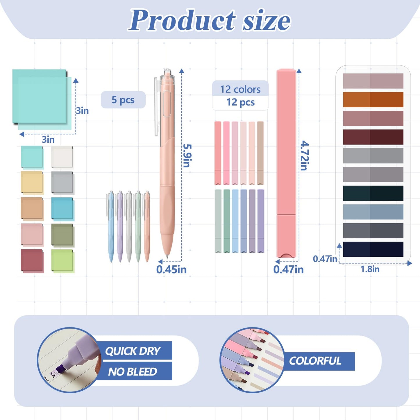 Jutom 39 Pcs Aesthetic Book Annotation Kit Highlighter with Case Bag Gel Pen Transparent Sticky Note Taking Bible Supplies(Black,Cute Style)