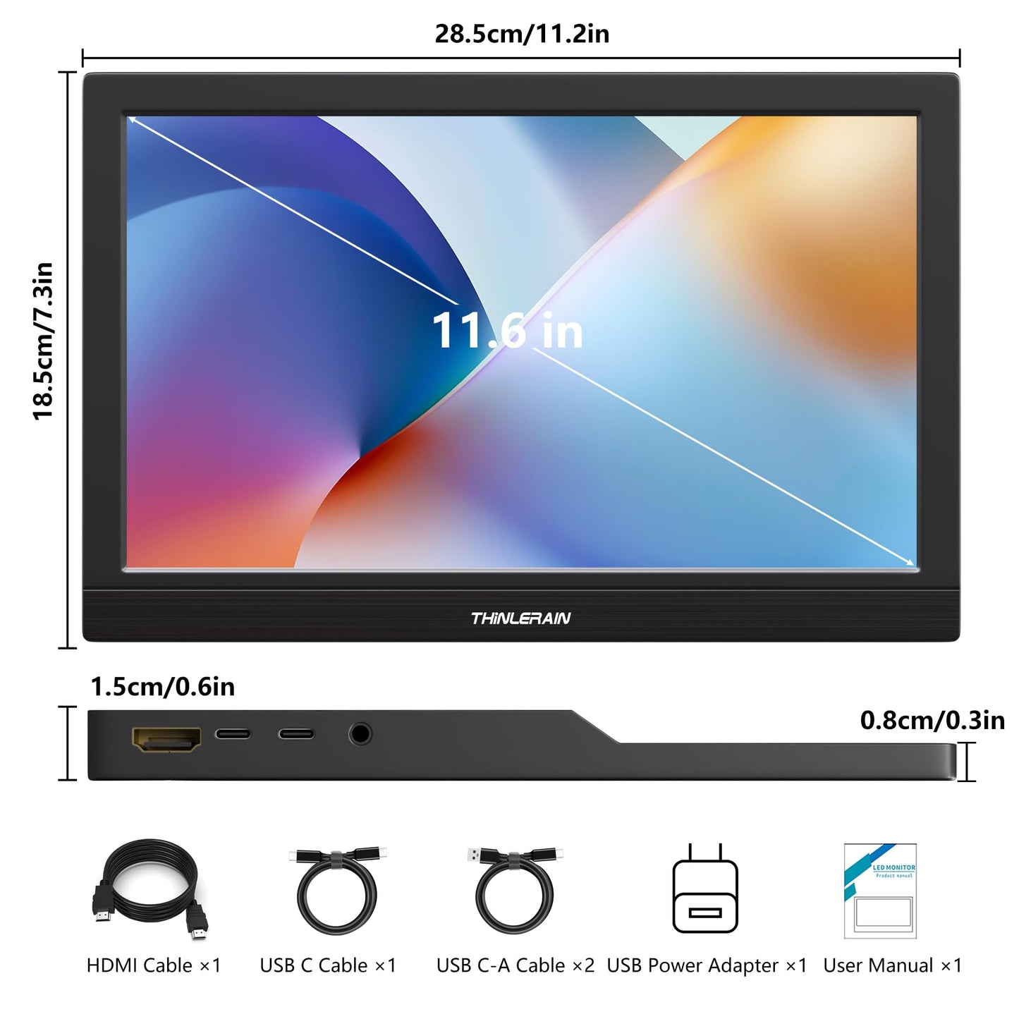 Thinlerain 11.6 Inch Portable Monitor Touchscreen, 10-Point Touch Screen Monitor Travel Screen with Kickstand & Speaker, HDMI USB C External Display for Laptop, PC, Phone