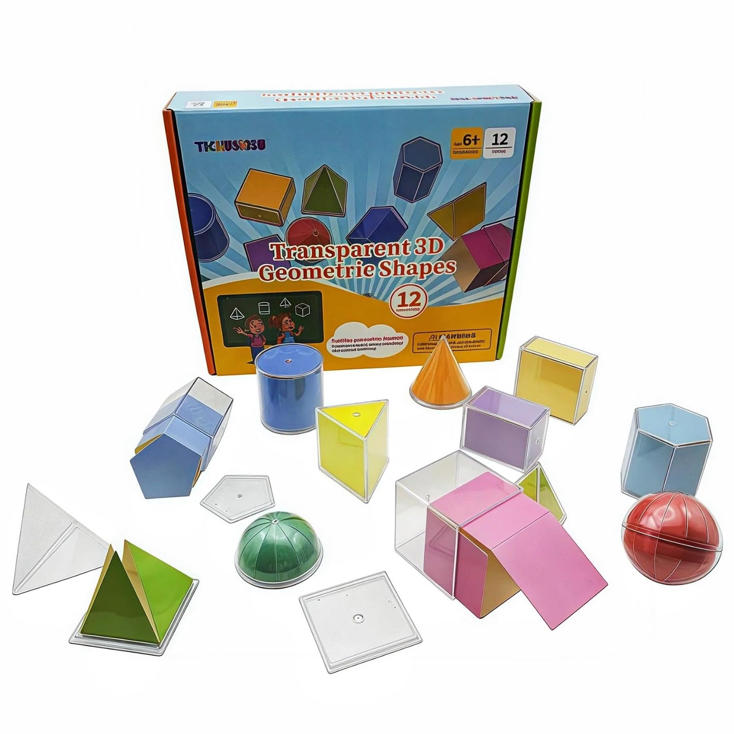 Geometric Solids 3D Shapes & 2D Folding Nets (1.96") 12+12 -Clear Math Manipulatives for Classroom & Homeschool -Thickened Durable Shapes with Smooth Edges,Teacher Supplies for Geometry, Volume & Nets